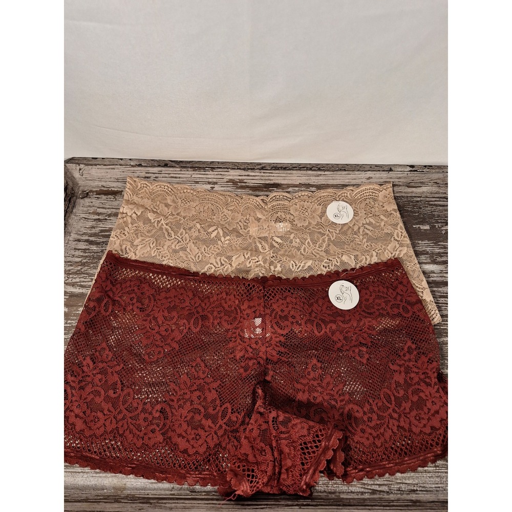 Womens Floral Lace Boy Short Panties 2 Pack Burgundy Beige XL Low Rise Stretch